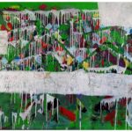 A large narrative urban abstract expressionist mixed-media painting of 160x128cm by Raphael Zelfa with a textured impasto background in shades of green fluo with paint splatters and drips. Stencils of letters, numbers and natural symbols sit on that textured surface. On top of this chaotic surface, there is a stripe of white paint on which are hand drawn with graphite pencil personal and collective mythologies that finish off the painting.