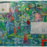 A large narrative urban abstract expressionist mixed-media painting of 160x140cm by Raphael Zelfa with a textured impasto background in shades of blue and green with paint splatters and drips. Stencils of letters, numbers and natural symbols sit on that textured surface. On top of this chaotic surface, there are islands of white paint on which are hand drawn with graphite pencil personal and collective mythologies that finish off the painting.
