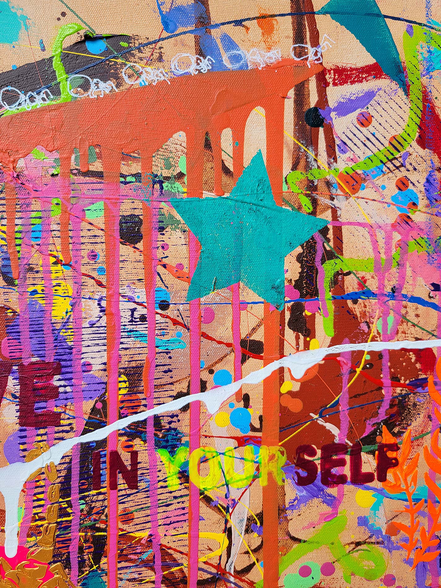 Detail of the painting Believe in yourself done in a narrative urban abstract expressionist fashion by Raphael Zelfa