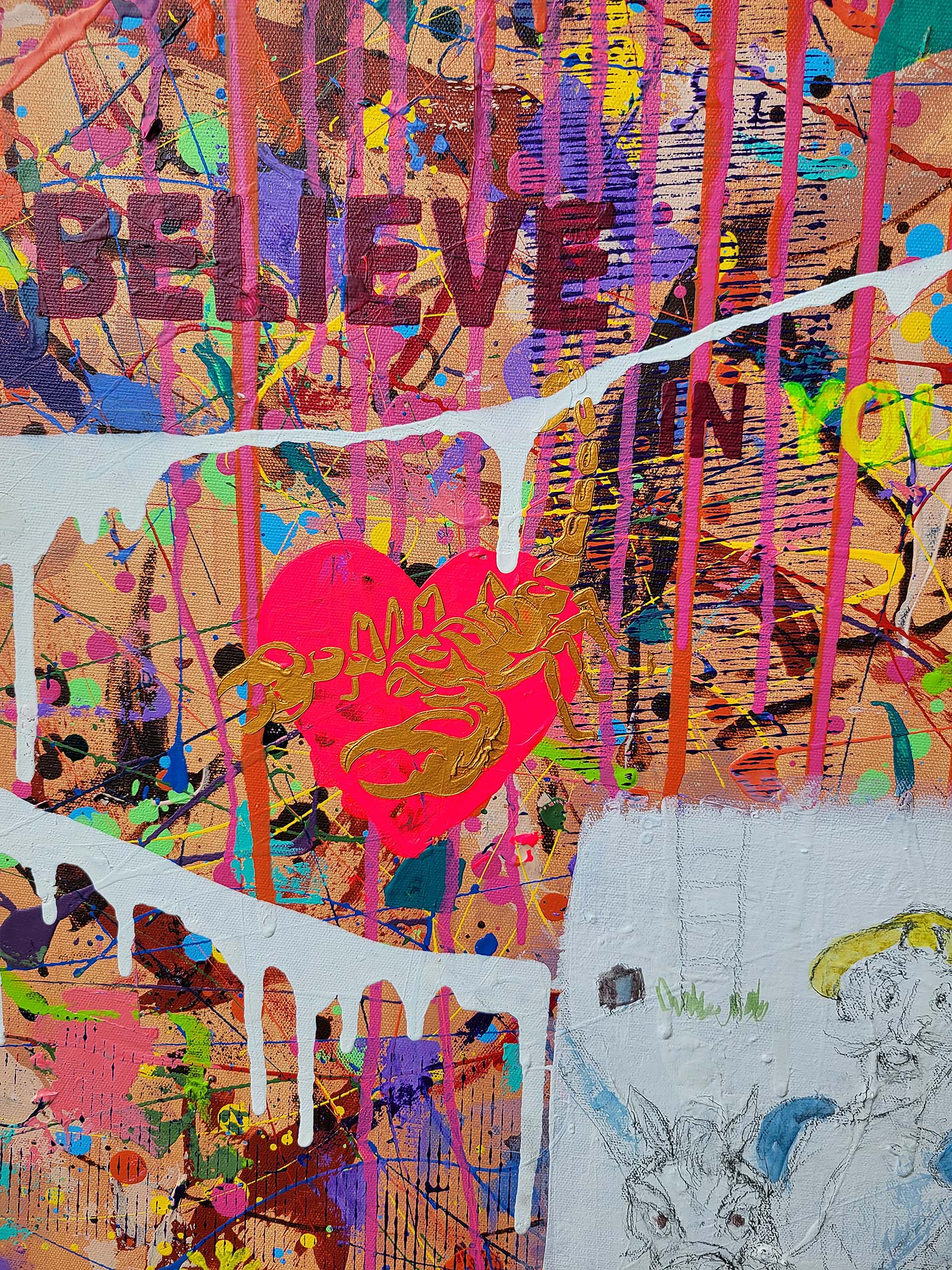Detail of the painting Believe in yourself done in a narrative urban abstract expressionist fashion by Raphael Zelfa