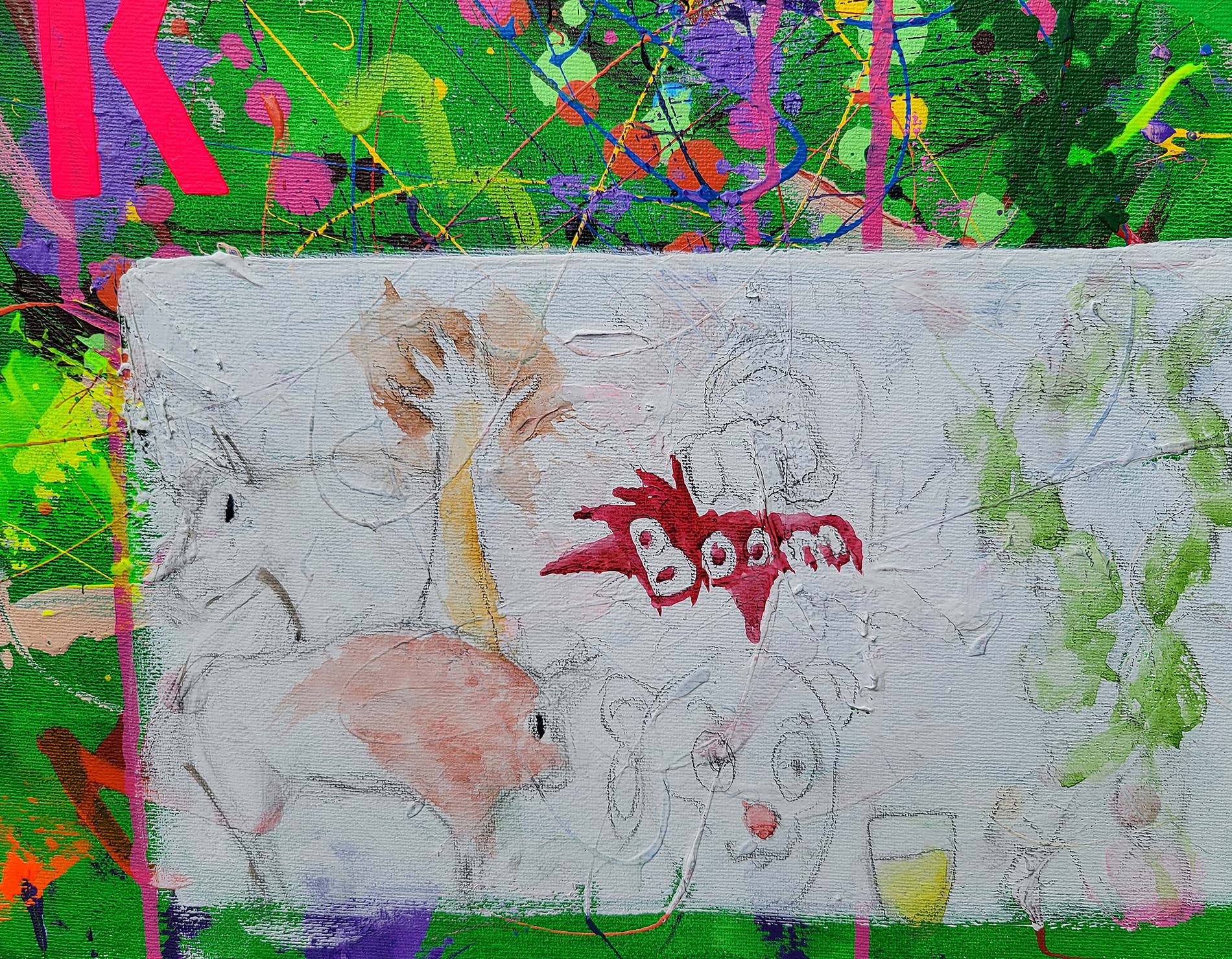 Detail of the painting Boom done in a narrative urban abstract expressionist fashion by Raphael Zelfa
