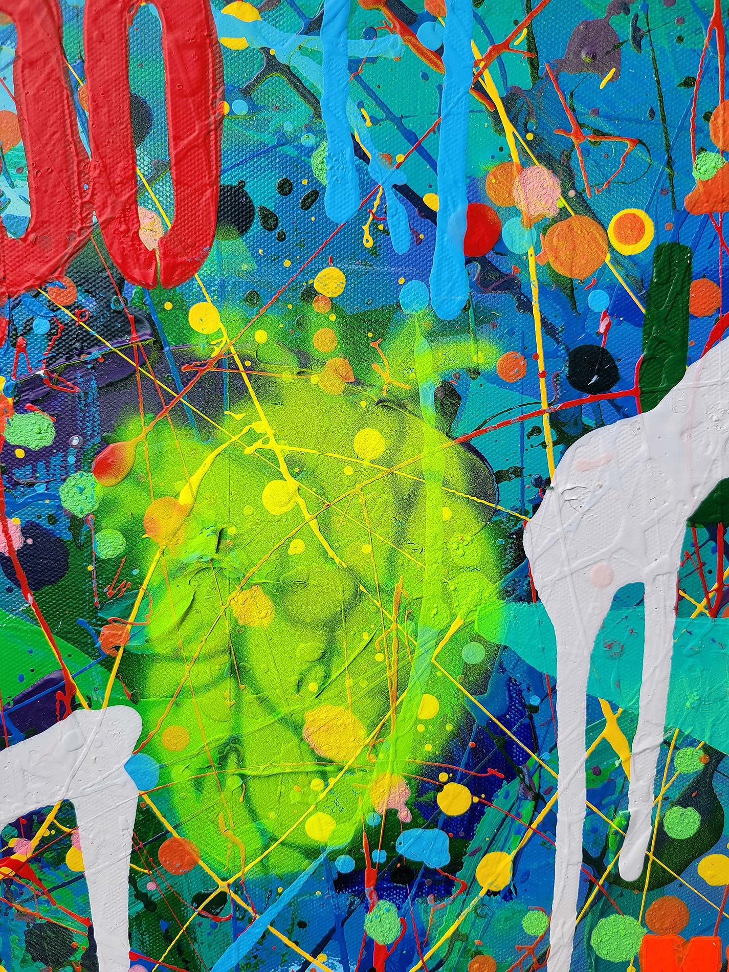 Detail of the painting "Do more" done in a narrative urban abstract expressionist fashion by Raphael Zelfa