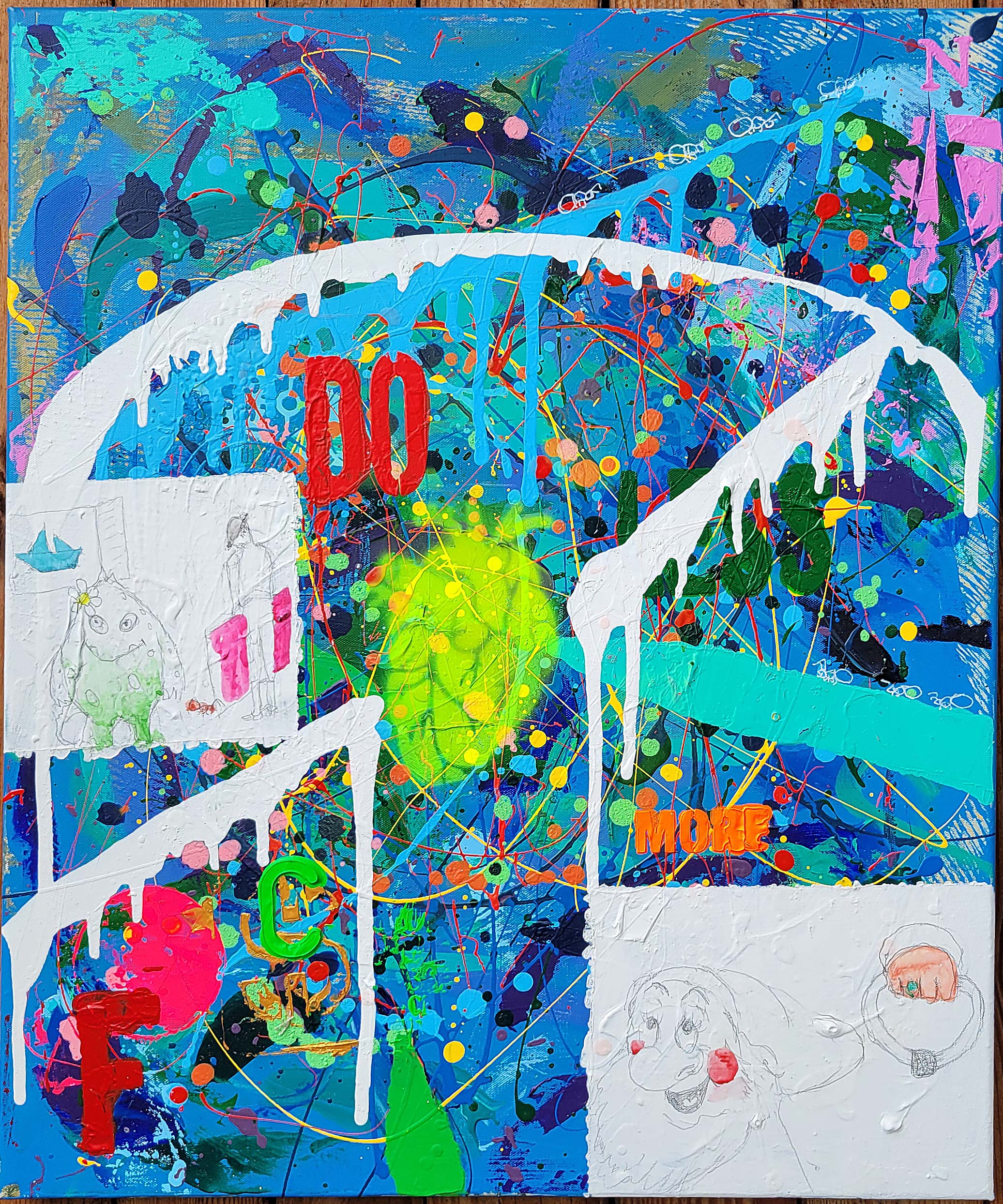 Detail of the painting " Do more" done in a narrative urban abstract expressionist fashion by Raphael Zelfa