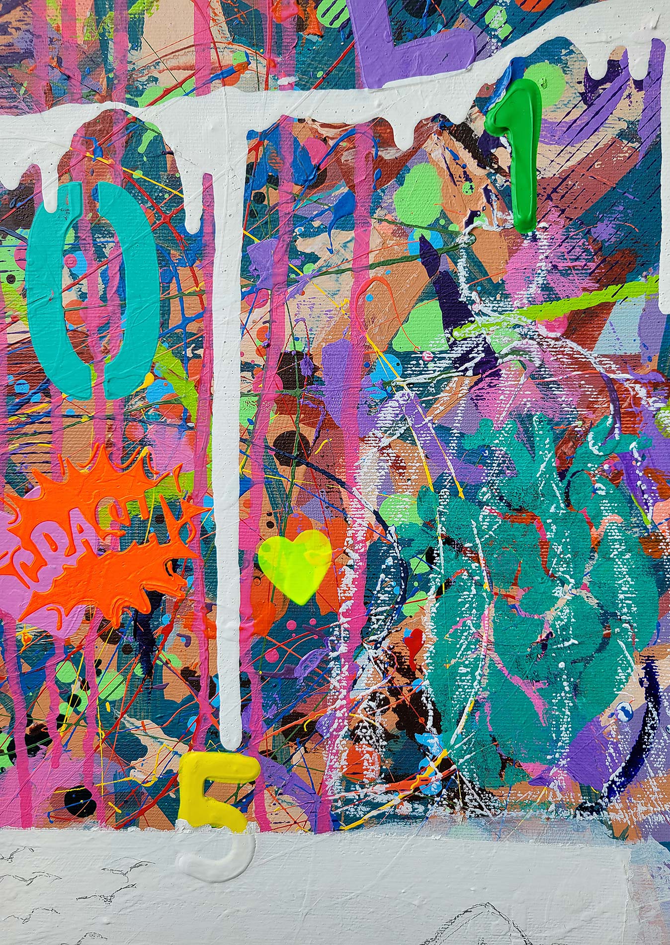 Detail of the painting Love done in a narrative urban abstract expressionist fashion by Raphael Zelfa