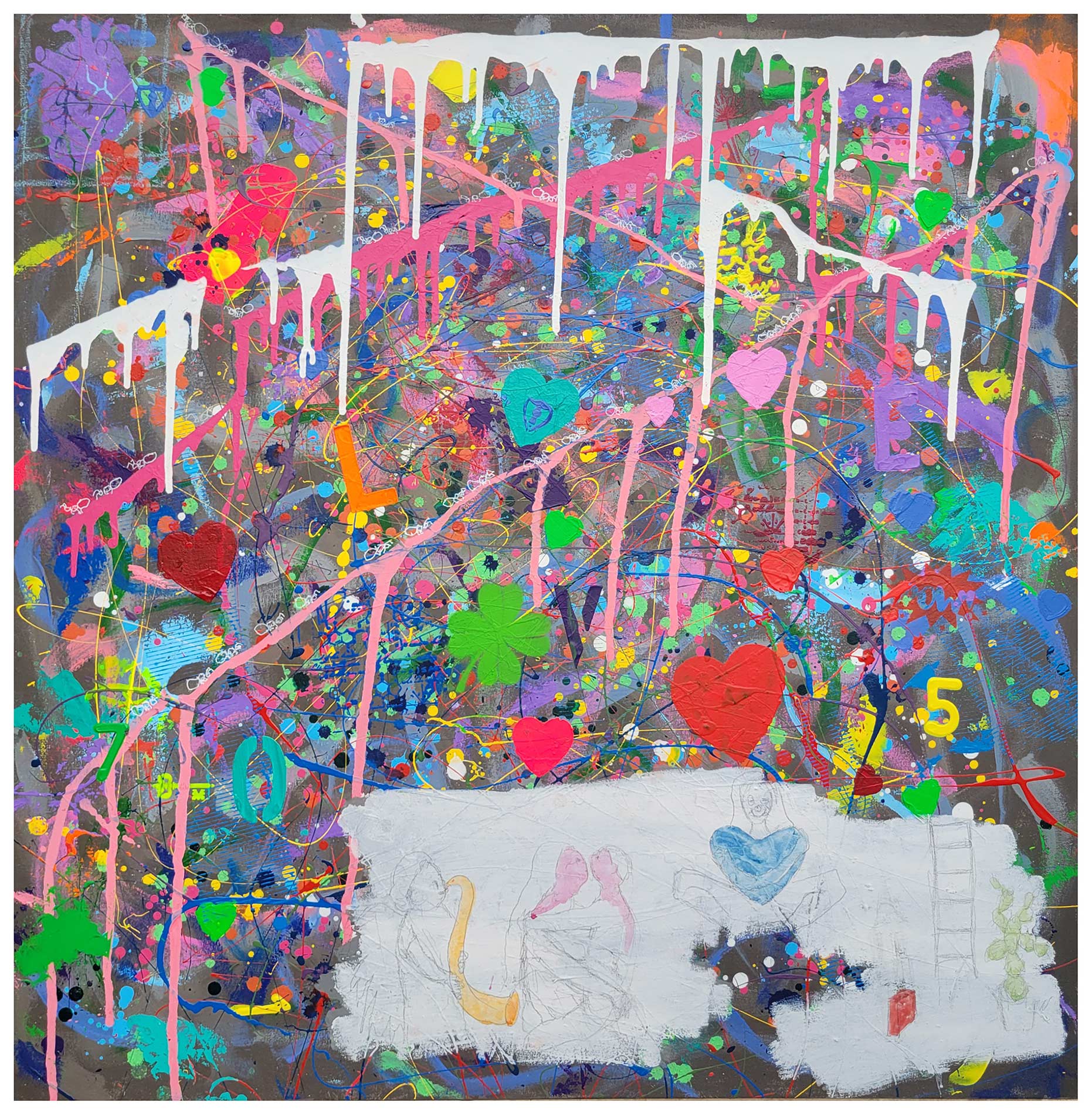 narrative urban abstract expressionist painting by Raphael Zelfa. Little hearts floating on a textured background.