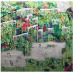 A large narrative urban abstract expressionist mixed-media painting of 170x170cm by Raphael Zelfa with a textured impasto background in shades of green, dark green and blue with paint splatters. Stencils of letters, numbers and natural symbols sit on that textured surface. On top of this chaotic surface, there are islands of white paint on which are hand drawn with graphite pencil personal and collective mythologies that finish off the painting.