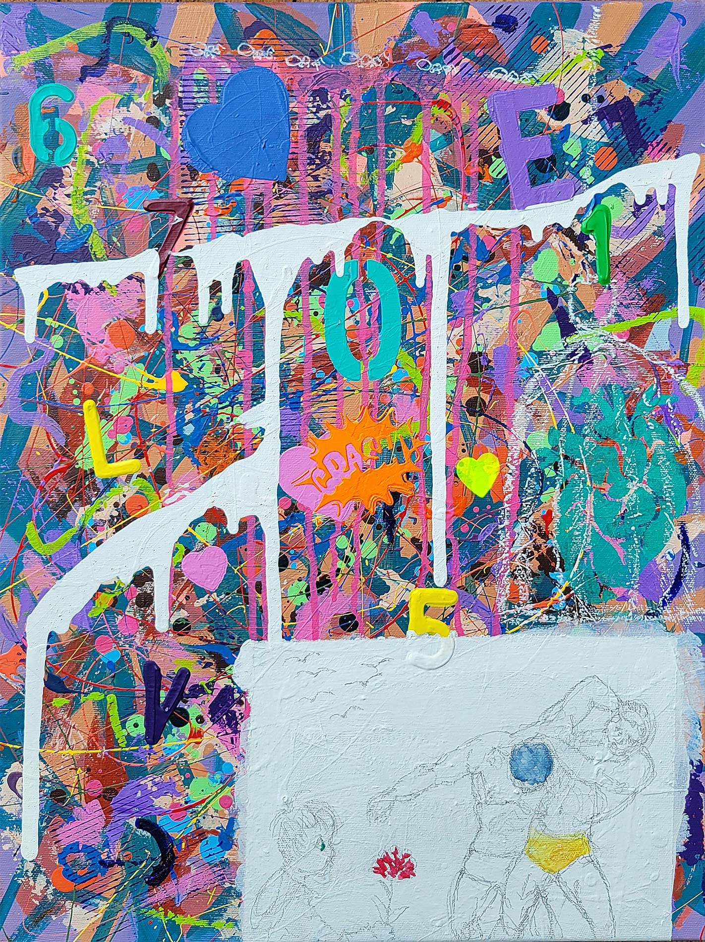 Painting Love done in a narrative urban abstract expressionist fashion by Raphael Zelfa