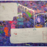 A large narrative urban abstract expressionist mixed-media painting of 160x140cm by Raphael Zelfa with a textured impasto background in shades of purple with paint splatters. Stencils of letters, numbers and natural symbols sit on that textured surface. On top of this chaotic surface, there are islands of white paint on which are hand drawn with graphite pencil personal and collective mythologies that finish off the painting.