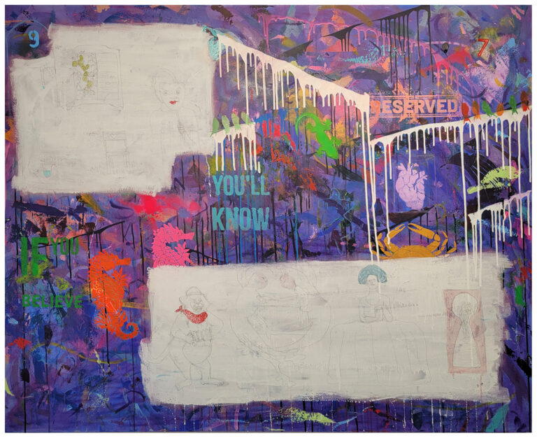 A large narrative urban abstract expressionist mixed-media painting of 160x140cm by Raphael Zelfa with a textured impasto background in shades of purple with paint splatters. Stencils of letters, numbers and natural symbols sit on that textured surface. On top of this chaotic surface, there are islands of white paint on which are hand drawn with graphite pencil personal and collective mythologies that finish off the painting.