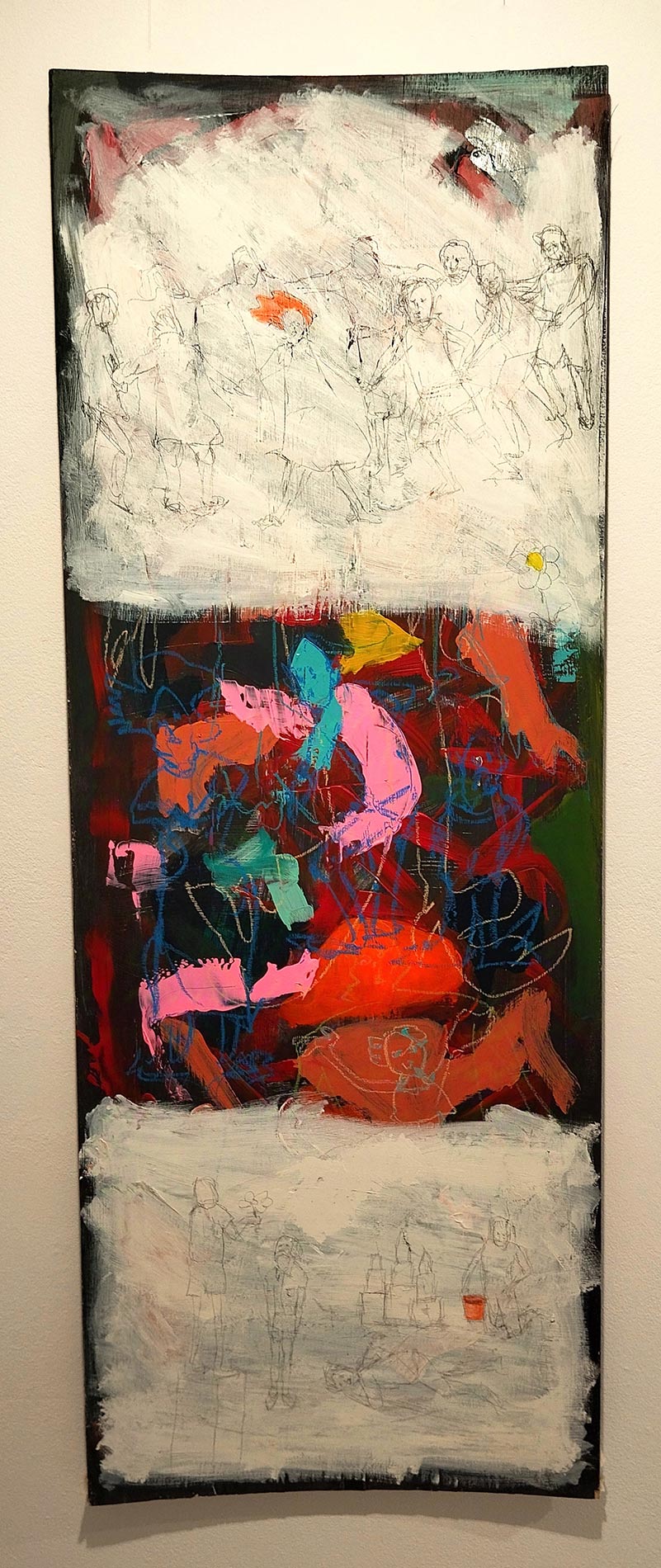 abstract mixed-media painting of 160x59cm by Raphael Zelfa with a textured impasto background in shades of brown and green, red and pink with oil pastel drawings. On top of this chaotic surface, there are islands of white paint on which are hand drawn with graphite pencil personal and collective mythologies that finish off the painting.