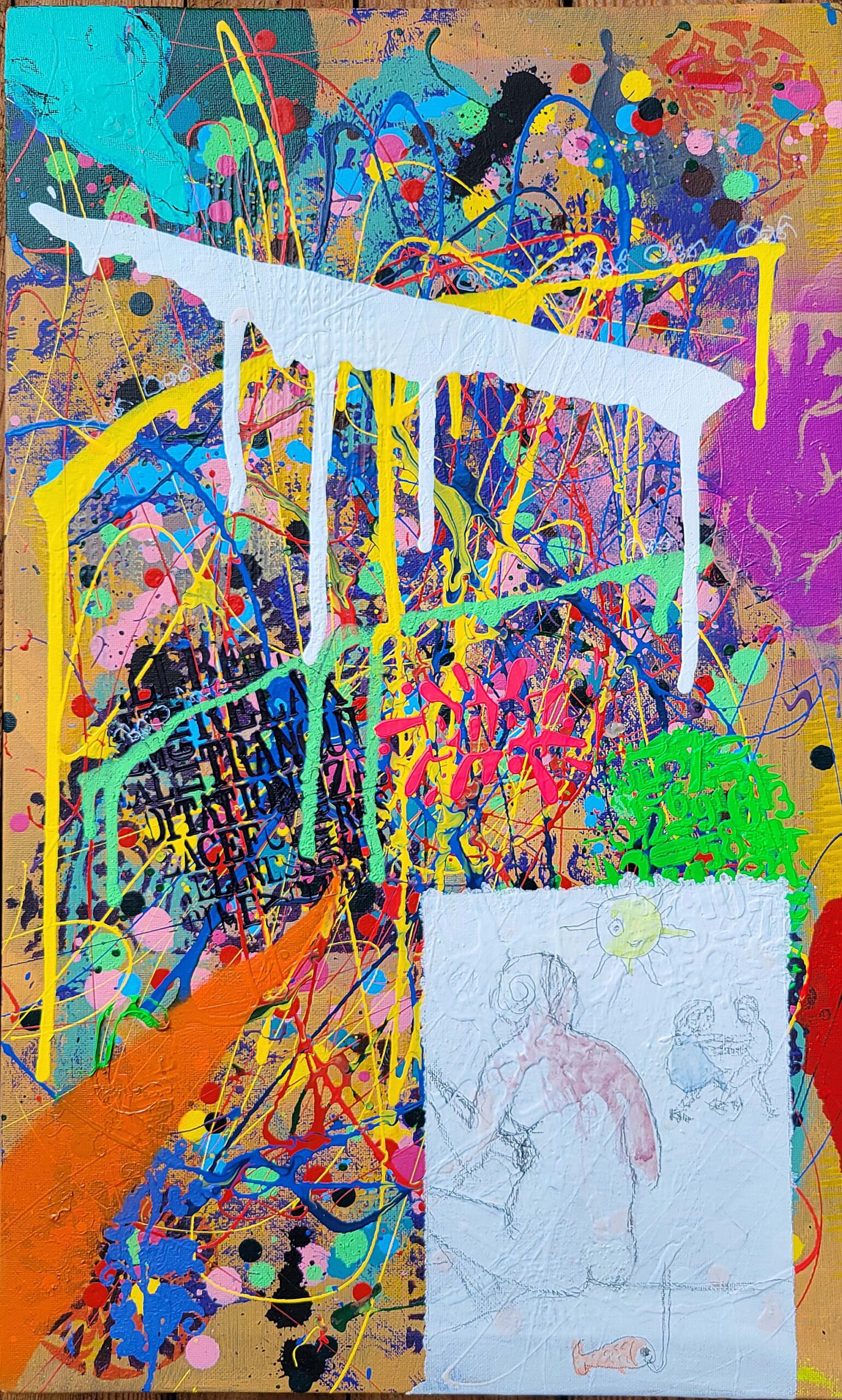 Detail of the painting Ingres and I done in a narrative urban abstract expressionist fashion by Raphael Zelfa