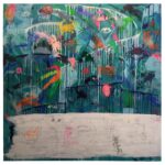 A large Narrative urban abstract expressionist mixed-media painting of 170x170cm by Raphael Zelfa with a textured impasto background in shades of blue, dark blue and green with paint splatters and drips. Colorful stencils of letters, numbers and natural symbols sit on that textured surface. On top of this chaotic surface, there is a large stripe of white paint on which are hand drawn with graphite pencil personal and collective mythologies that finish off the painting.