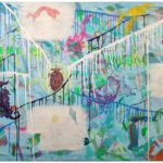 A large narrative urban abstract expressionist mixed-media painting of 100x120cm by Raphael Zelfa with a textured impasto background in shades of blue, dark blue with paint splatters and drpis. Stencils of letters, numbers and natural symbols sit on that textured surface. On top of this chaotic surface, there are islands of white paint on which are hand drawn with graphite pencil personal and collective mythologies that finish off the painting.