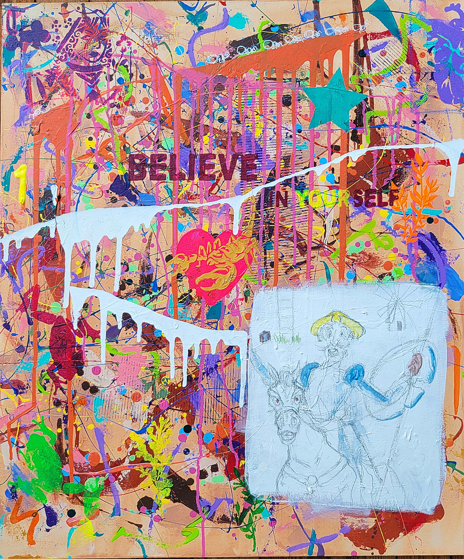 Painting Believe in yourself done in a narrative urban abstract expressionist fashion by Raphael Zelfa