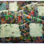 A large narrative urban abstract expressionist mixed-media painting of 160x140cm by Raphael Zelfa with a textured impasto background in shades of ochre, brown and purple with paint splatters and drips. Stencils of letters, numbers and natural symbols sit on that textured surface. On top of this chaotic atmospheric surface, there are islands of white paint on which are hand drawn with graphite pencil personal and collective mythologies that finish off the painting.