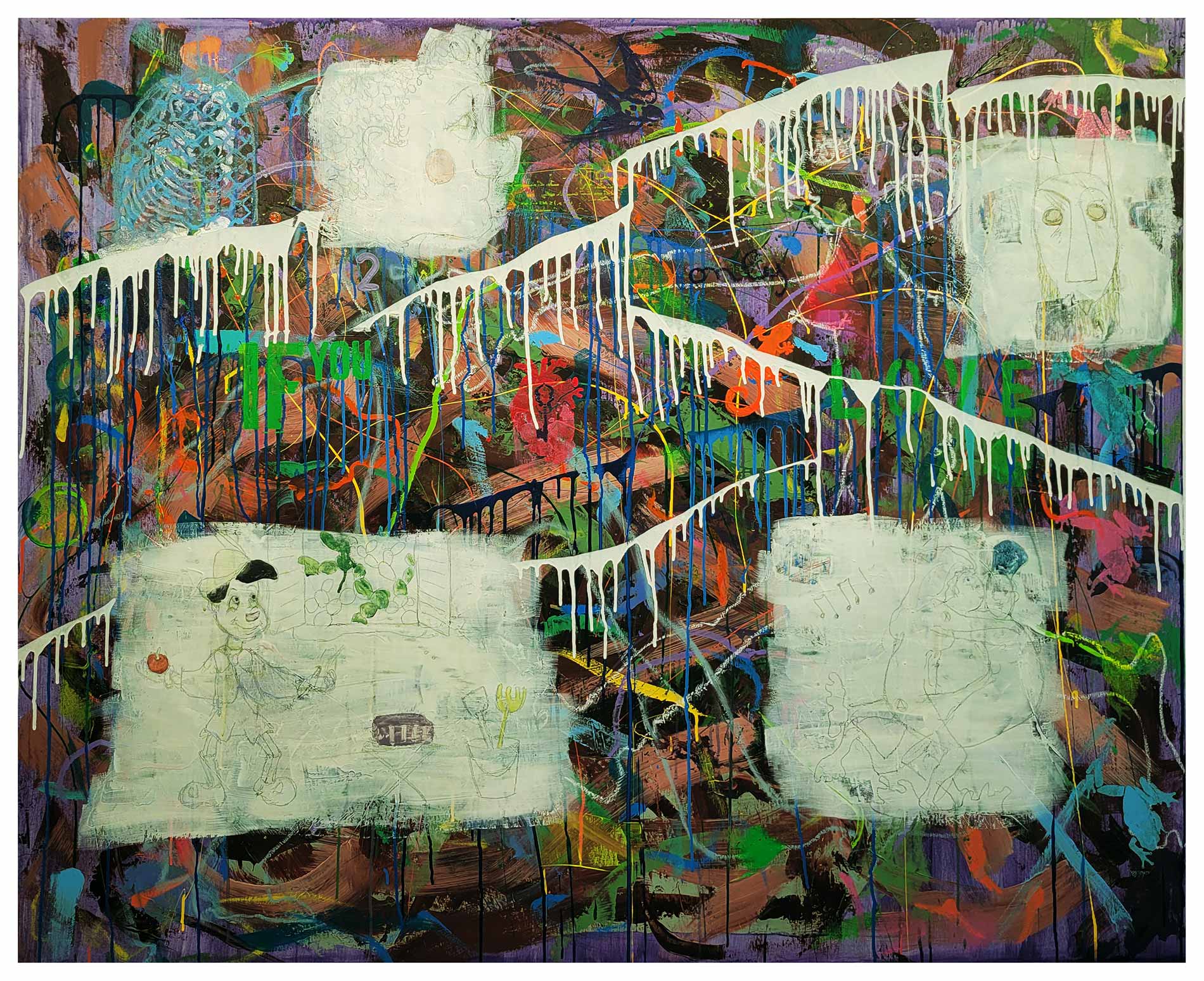 A large narrative urban abstract expressionist mixed-media painting of 160x140cm by Raphael Zelfa with a textured impasto background in shades of ochre, brown and purple with paint splatters and drips. Stencils of letters, numbers and natural symbols sit on that textured surface. On top of this chaotic atmospheric surface, there are islands of white paint on which are hand drawn with graphite pencil personal and collective mythologies that finish off the painting.