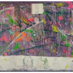 A large narrative urban abstract expressionist mixed-media painting of 160x140cm by Raphael Zelfa with a textured impasto background in shades of purple with paint splatters. Stencils of letters, numbers and natural symbols sit on that textured surface. On top of this chaotic surface, there are islands of white paint on which are hand drawn with graphite pencil personal and collective mythologies that finish off the painting.