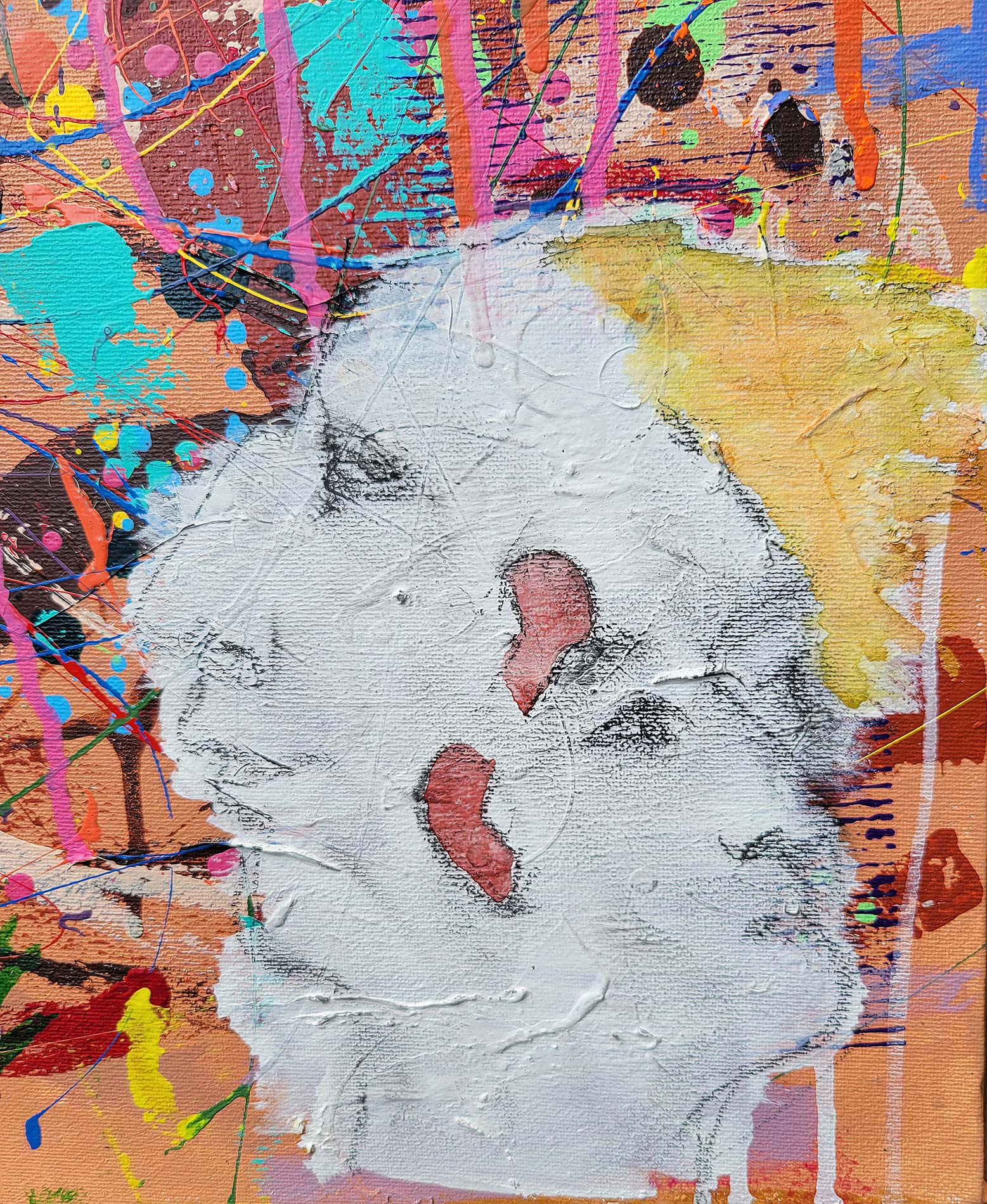 Detail of the painting "Love yourself 2" done in a narrative urban abstract expressionist fashion by Raphael Zelfa