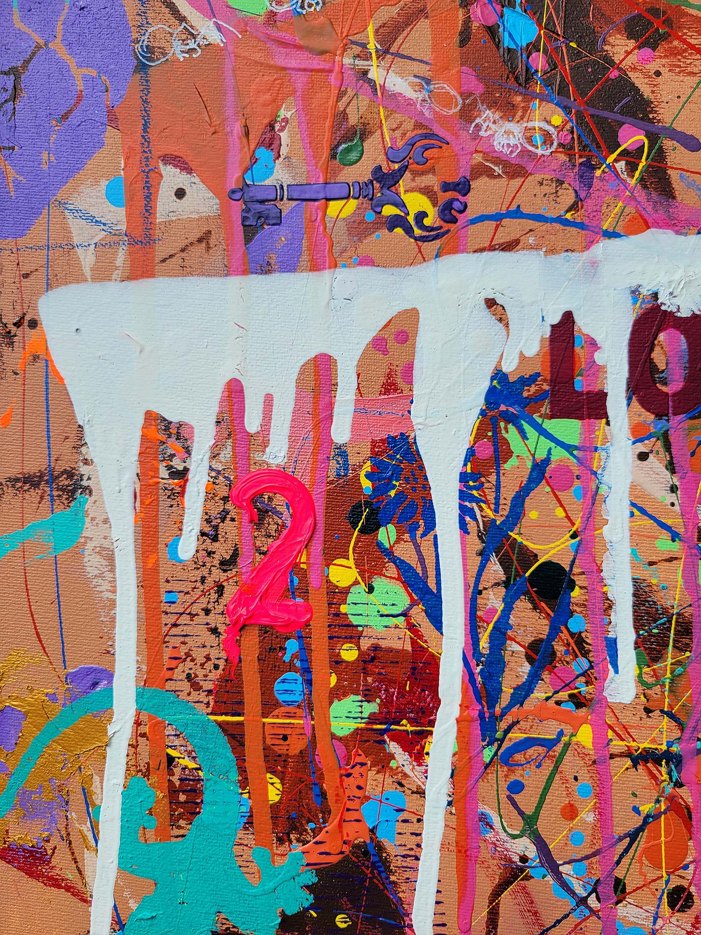 Detail of the painting "Love yourself" done in a narrative urban abstract expressionist fashion by Raphael Zelfa