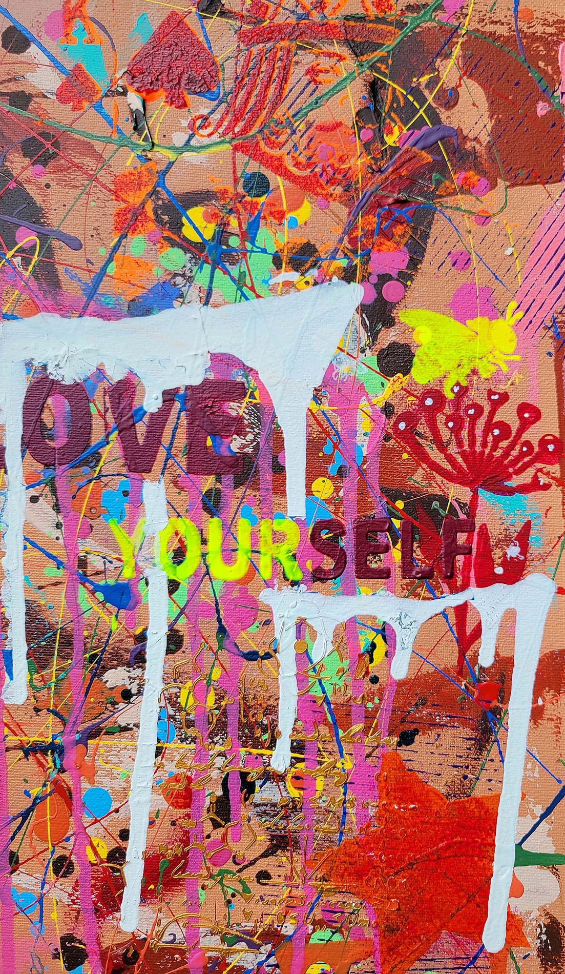 Detail of the painting "Love yourself" done in a narrative urban abstract expressionist fashion by Raphael Zelfa