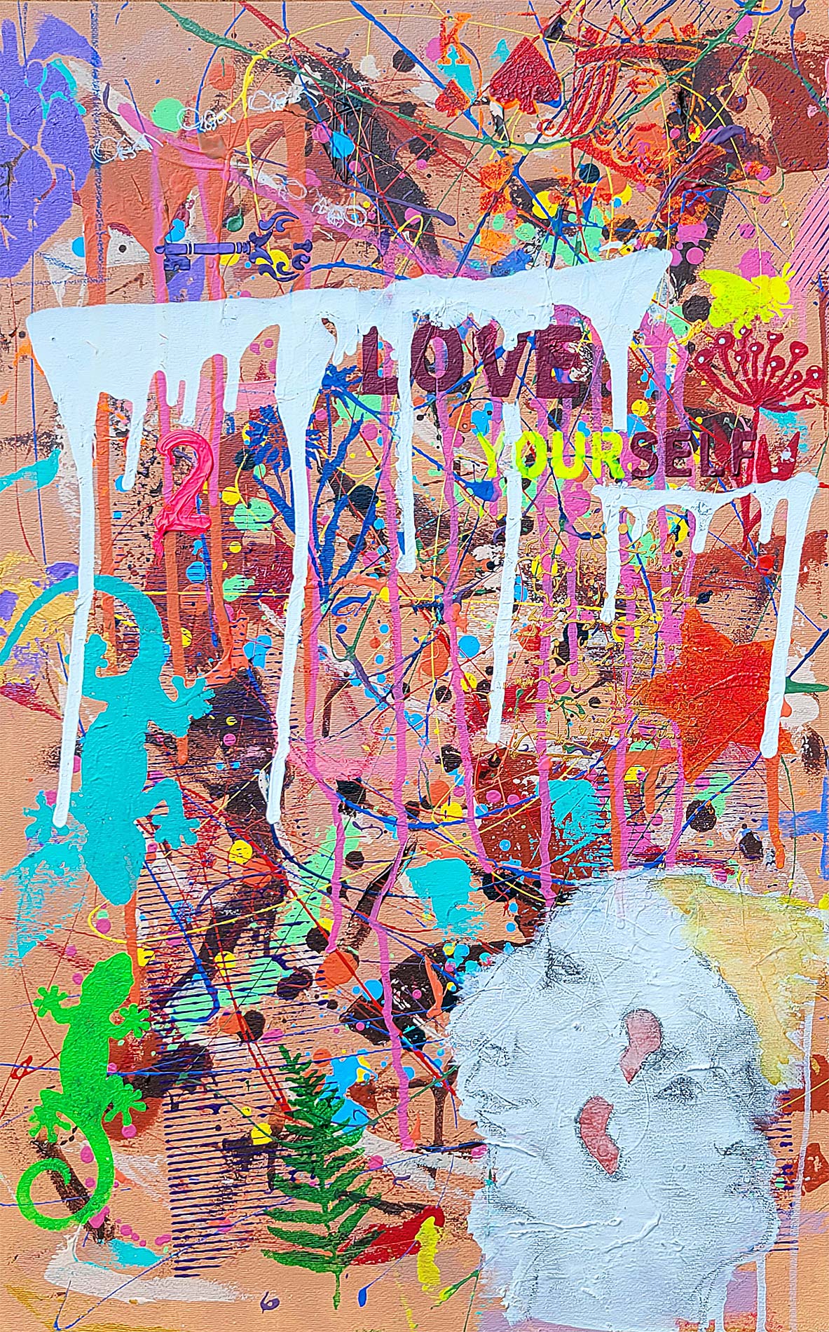Painting Love yourself 2 done in a narrative urban abstract expressionist fashion by Raphael Zelfa