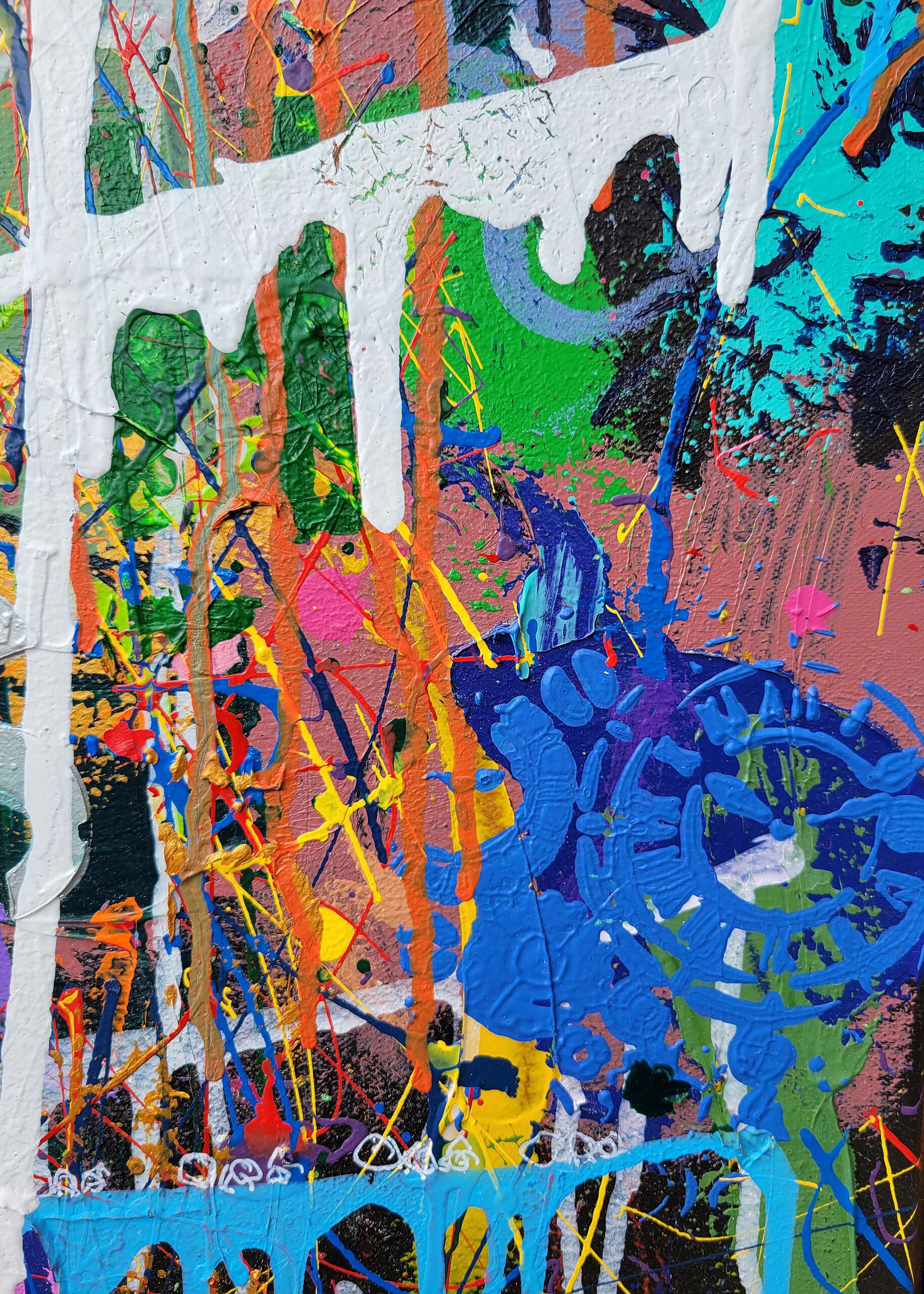 Detail of the painting Lucky done in a narrative urban abstract expressionist fashion by Raphael Zelfa