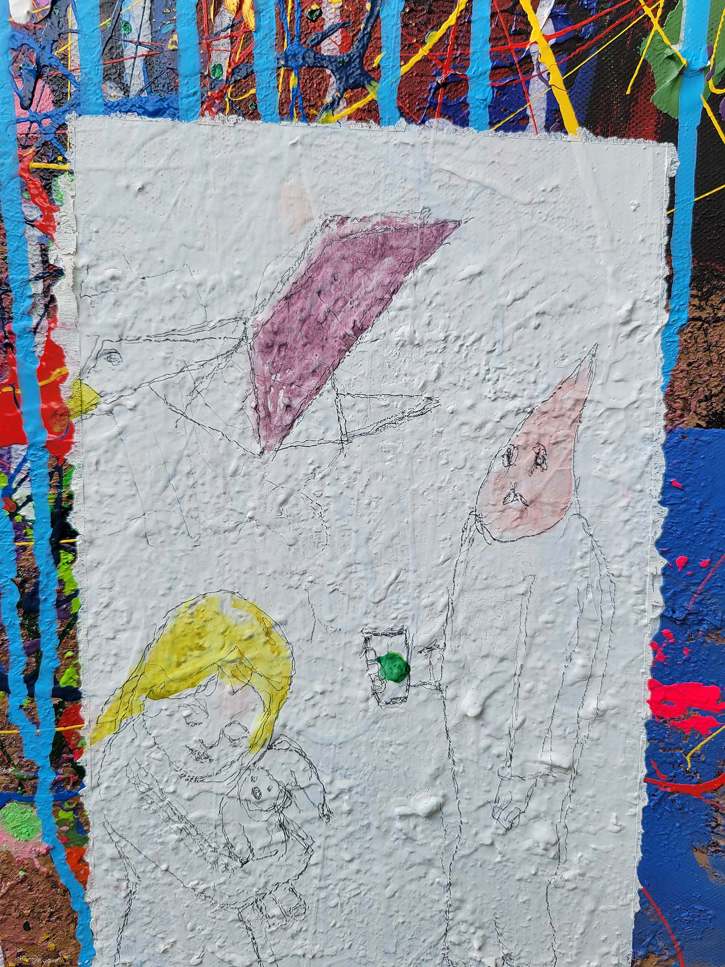 Detail of the painting Lucky done in a narrative urban abstract expressionist fashion by Raphael Zelfa