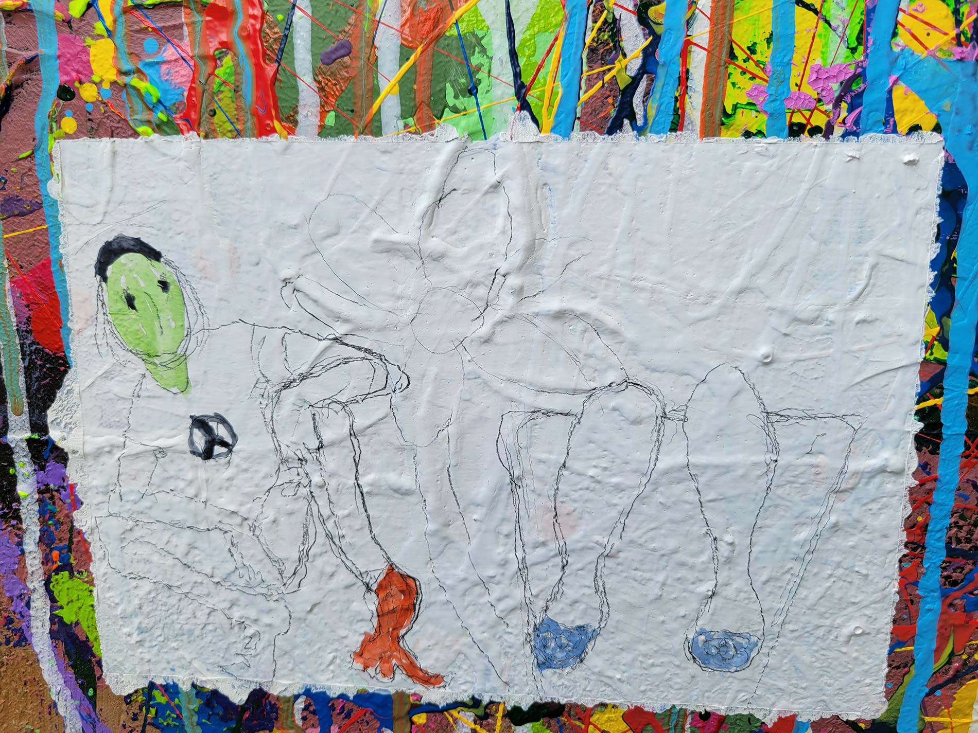 Detail of the painting Lucky done in a narrative urban abstract expressionist fashion by Raphael Zelfa