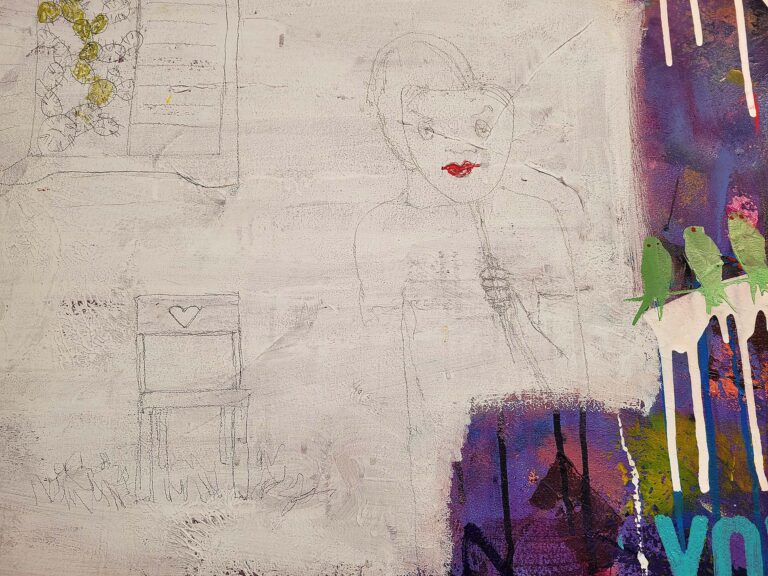 Close-up detail of Raphael Zelfa's mixed media painting, showing the fine pencil lines of a classical drawing inside a sharp white border, surrounded by purple paint