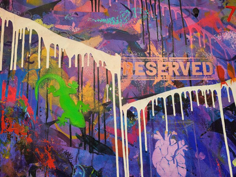 Close-up detail of heavy acrylic paint texture, stencil markings, and thick impasto layers on canvas from a contemporary mixed media painting by Raphael Zelfa