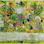 A large narrative urban abstract expressionist mixed-media painting of 160x140cm by Raphael Zelfa with a textured impasto background in shades of fluorescent yellow with paint splatters and drips. Stencils of letters, numbers and natural symbols sit on that textured surface. On top of this chaotic surface, there are islands of white paint on which are hand drawn with graphite pencil personal and collective mythologies that finish off the painting.