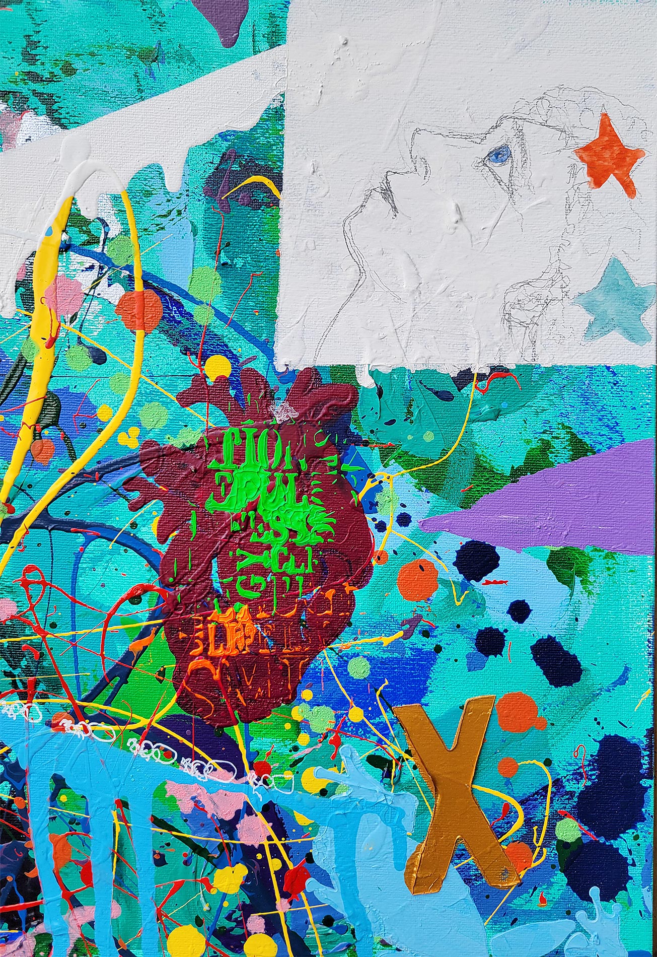 Detail of the painting Time done in a narrative urban abstract expressionist fashion by Raphael Zelfa